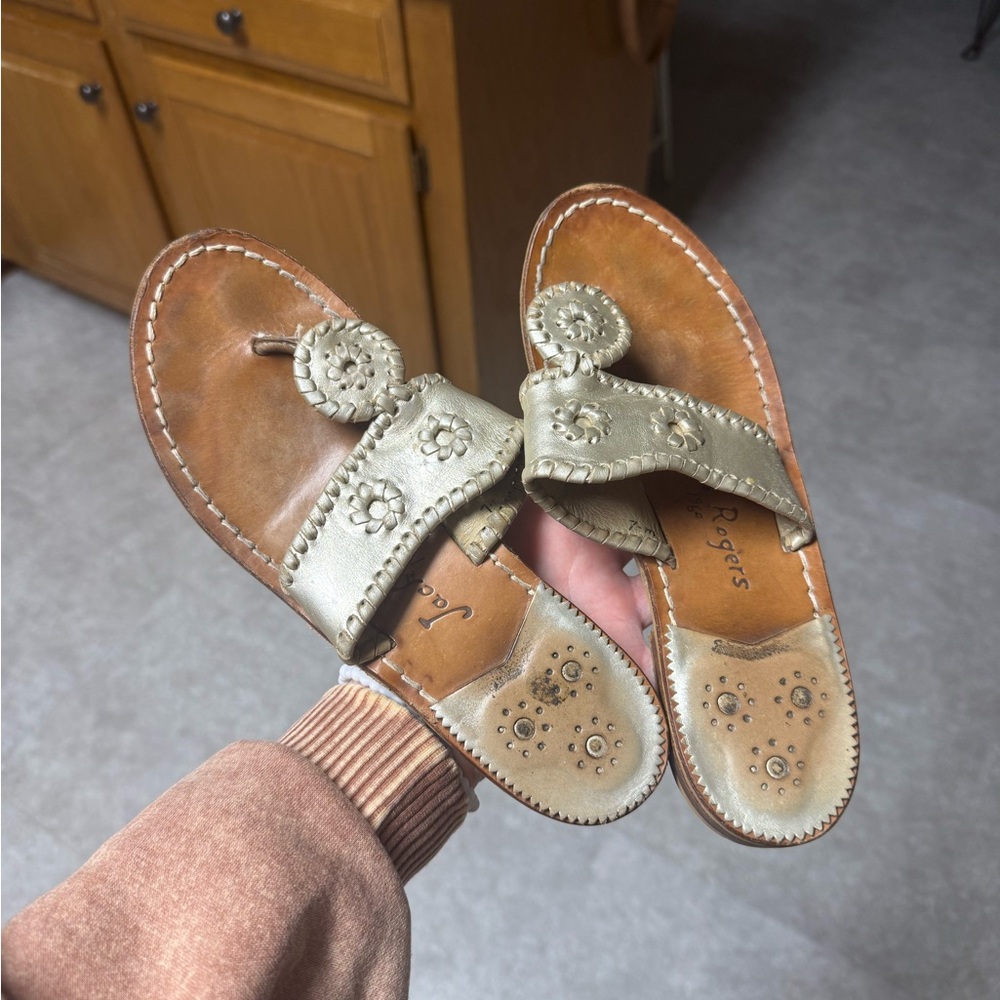 Jack Rogers Metallic Gold Leather Toe-Post Sandals